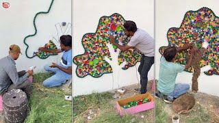 Reuse plastic bottle cap ideas - creative tree wall art #reuse #bottlecap #wallart #tree