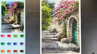 Landscape Watercolor - Stairs Alley (2X speed, color name view) NAMIL ART