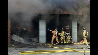 *** WATCH *** FIREFIGHTERS BATTLE FLAMES AFTER PICKUP CATCHES FIRE INSIDE YARMOUTH TRANSMISSION SHOP