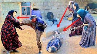 Conflict with consultation: two wives fighting with their old husband and tying him with a rope.