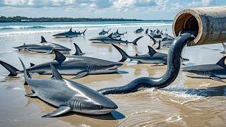 Groups Of Sharks Were Washed Up On The Reef Area By The Big Waves.