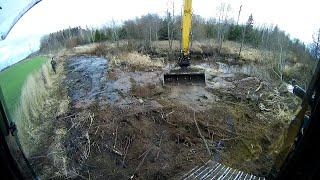 Cleaning the river bed from the beaver dam with a Long Reach Excavator