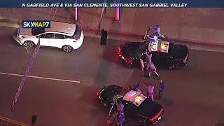 FULL CHASE: Spike strip shreds tires on SUV, ends pursuit through San Gabriel Valley