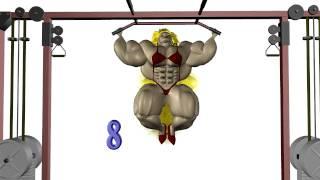 3d animation of Female Bodybuilder performing wide grip chin ups