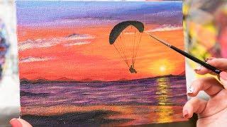 Paraglider soars over the Sea in Sunset- Acrylic painting / Homemade Illustration (4k)