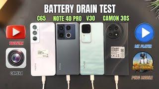 Tecno Camon 30s vs Note 40 Pro vs Realme C65 vs V30 | Battery Drain Test | PUBG Test |