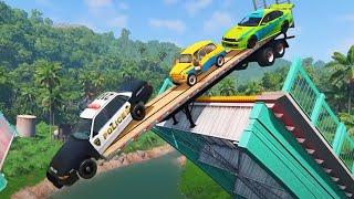 POLICE Cars Crashing on Flatbed Trailers in BeamNG