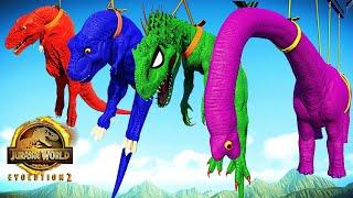 Monster Indominus vs Blue Spinosaurus vs Red Giganotosaurus , Color Dinosaurs Battle in JWE 2