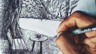 How to draw scenery using pen only| amazing pen art|| #drawing #art