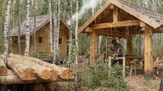 thunderstorm and rain caught me before the start of construction of a carpenter's Log cabin