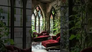 Gothic Velvet Lounge with Stained Glass Windows & Vines | AI Interior Aesthetic #darkacademia
