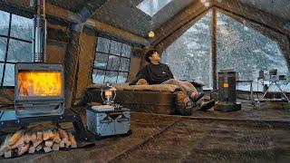 Camping in Snow with My Dog . 5-Star Hotel Air Tent . Wood Stove ASMR