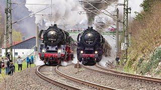 Parallelfahrt auf der Tharandter Rampe mit 2 Dampfloks und Schau-Güterzug | 8K HDR