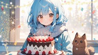 Birthday Bliss: Blue Hair Anime Girl & Pomeranian Celebration 