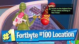 Fortnite Fortbyte #100 Location - Found on the highest floor of the tallest building in Neo Tilted