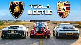 Lambo Aventador SV v 911 GT3 RS v Tesla Beetle: DRAG RACE