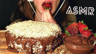 ASMR CHOCOLATE OATMEAL Cake with CHOCOLATE MOUSSE + STRAWBERRIES (No Talking|Eating Sounds)