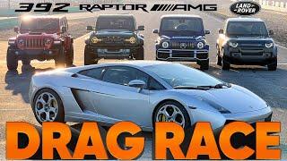 Bronco Raptor vs G63 AMG vs Jeep Wrangler 392 vs Defender V8 vs Gallardo — Cammisa Drag Race Replay