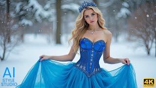 4K AI Art Lookbook Video of AI Girl ｜ Russian Girl in Blue Dress in Snowy Forest
