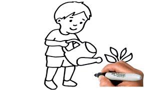 How to DRAW a BOY Watering Plant Step by Step