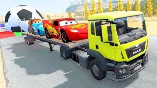  TRANSPORTING PIXAR CARS - Cars VS SpeedBumps VS Train - Multi Flatbed Trailer Truck BeamNG.Drive