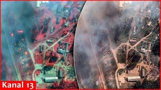 Before and after satellite images of ammunition depot in Russia struck by Ukrainian drones