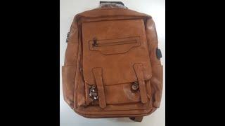 ANDREA MASSI Leather Roll-Top Brown Backpack With USB Port