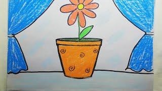 Как нарисовать Цветок в горшке мелками . How To Draw a Flower in a pot with crayons.