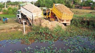 Start incredible new PROJECT! Power machinery, dump trucks & dozer fill-up dirt on GIANT pond