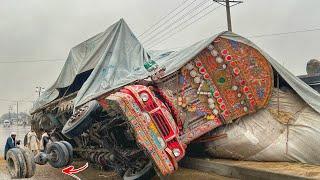 Overloaded Truck Crash in Rain Front Suspension Damaged Tire Blast, Mechanic Repair in Emergency