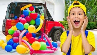 BooTiKaTi Pretend play with Toy car from colorful balloons and Learn to sharing toys with friends