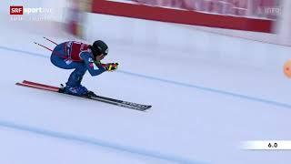 Laurenne Ross falls over by downhill in Val di Fassa