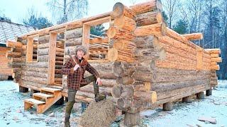 After 5 Months I Finally Finished Building the Walls of My Log House, Roof Start!