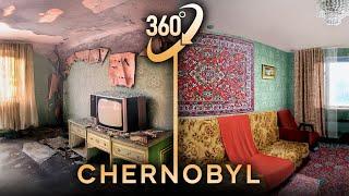 Chernobyl before and after the disaster in 360° video VR. Pripyat recovery animation