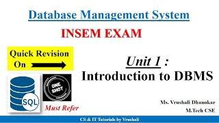 Quick Revision on Unit 1: Introduction to DBMS | SPPU INSEM | DMS