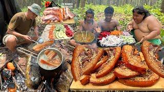 Crispy Pork Belly & Ribs Deep Fried in Open Fire Outdoor Cooking at jungle Wildness Cooking & Eating
