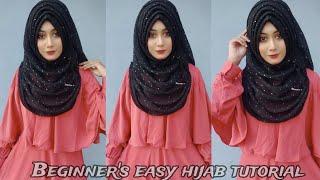 Easy cotton crepe hijab style for beginners||most easiest layered hijab tutorial with burqa||tonni