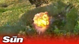 Ukrainian kamikaze drone destroys a Russian T-90M tank in massive explosion