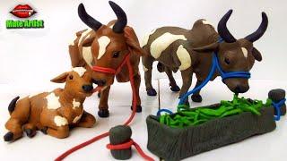 Sculpting clay: Making Cow Family with clay | Clay Animals Art | Making Cow Family With Clay |