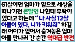 [반전사이다사연] 61살이던 엄마가 암으로 세상을 떠나기전 큰딸인 나한테 부탁이 있다고 하는데 " 나 사실 12살 아들이 있다, 니가 키워줘" /라디오드라마/사연라디오/신청사연