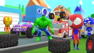 Superheroes Garage fixing Monster Truck  Water Slide Colors for Kids Nursery Rhymes for Children