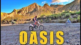 Oasis at the Tabernas Desert with 10 dirt bikes. Offroad moto trip.