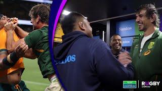 Eben Etzebeth & Allan Alaalatoa share a beer in the sheds after fight