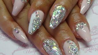 Nude & white acrlic nails with bling (madam glam)