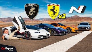 RARE $5m Lamborghini vs insane V8 Ferrari &…Hyundai EV drag race!