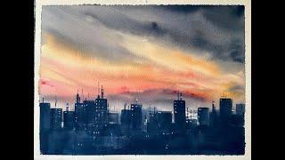 Paint A Simple Watercolour Sunset Cityscape, Watercolor Urban Landscape Tutorial For Beginners