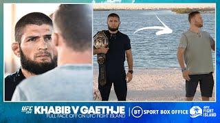 Justin Gaethje throws away his belt during face off, points at Khabib's