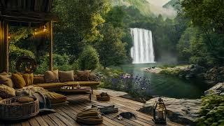 A Cozy Outdoor Wooden Porch Overlooks A Peaceful Waterfall: Soothing Nature Sounds for Relaxation