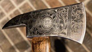 Custom Fire Axe Deep Laser Engraving Scroll Design Hand Drawn by Fragout Firearms