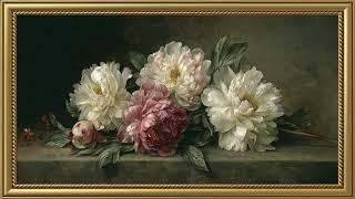 Vintage White and Pink Peonies Painting | Gold Frame TV Art | Art Screensaver for TV 2 Hrs